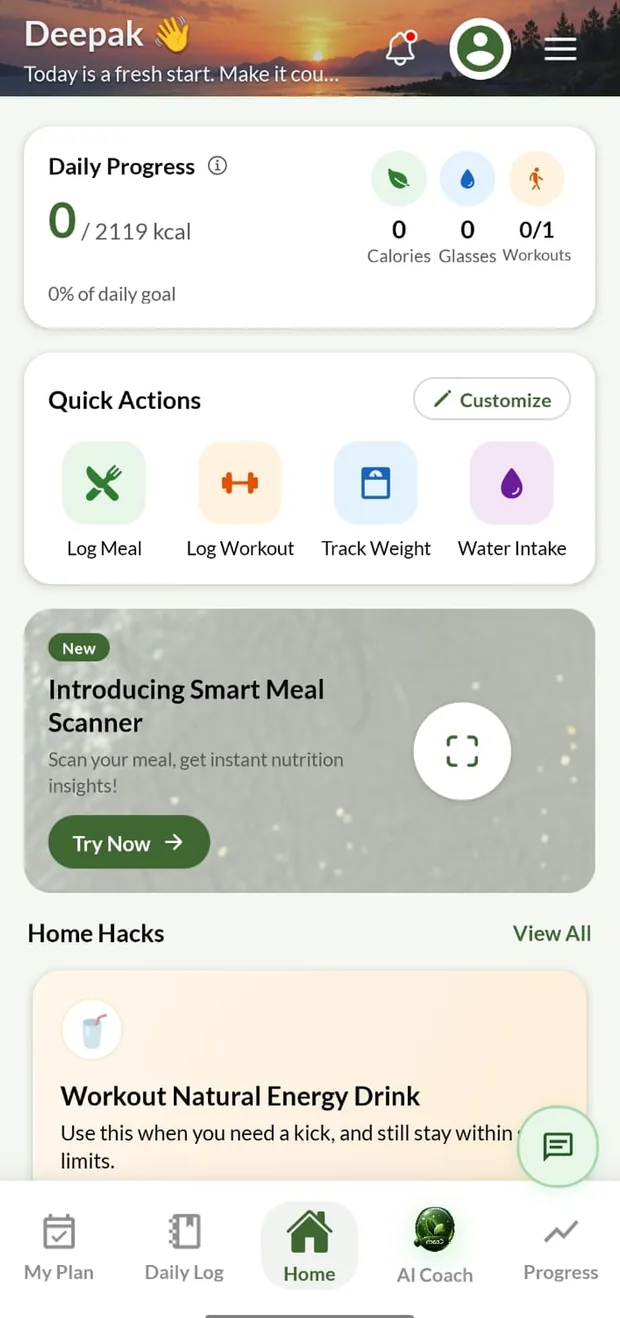Diet2Fit home screen with daily progress, quick actions and the smart meal scanner