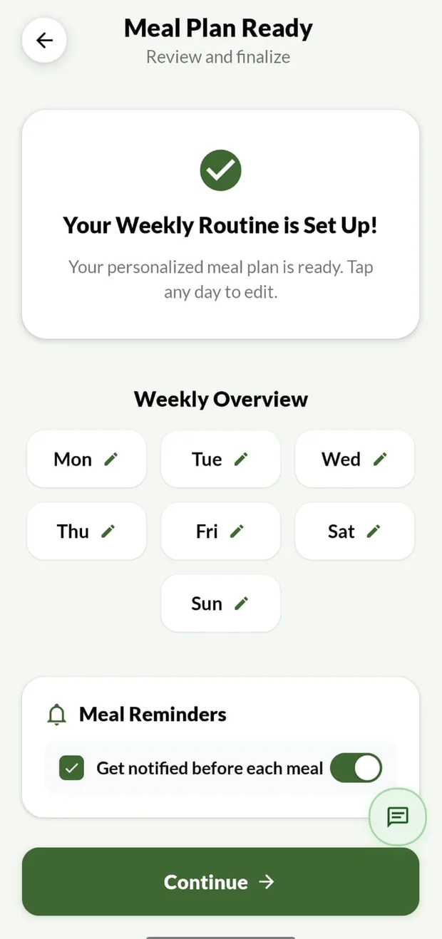 Diet2Fit weekly meal plan screen with editable days and meal reminders
