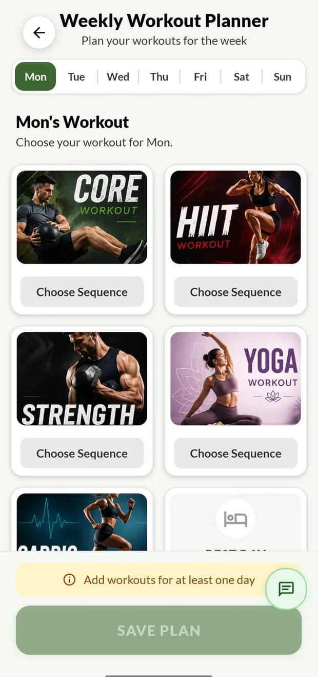 Diet2Fit weekly workout planner with core, HIIT, strength and yoga sequences
